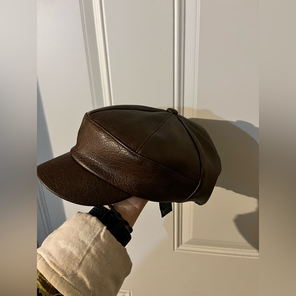 Free People Brown Carrie Distressed Lieutenant Hat New faux leather cap - Picture 3 of 11